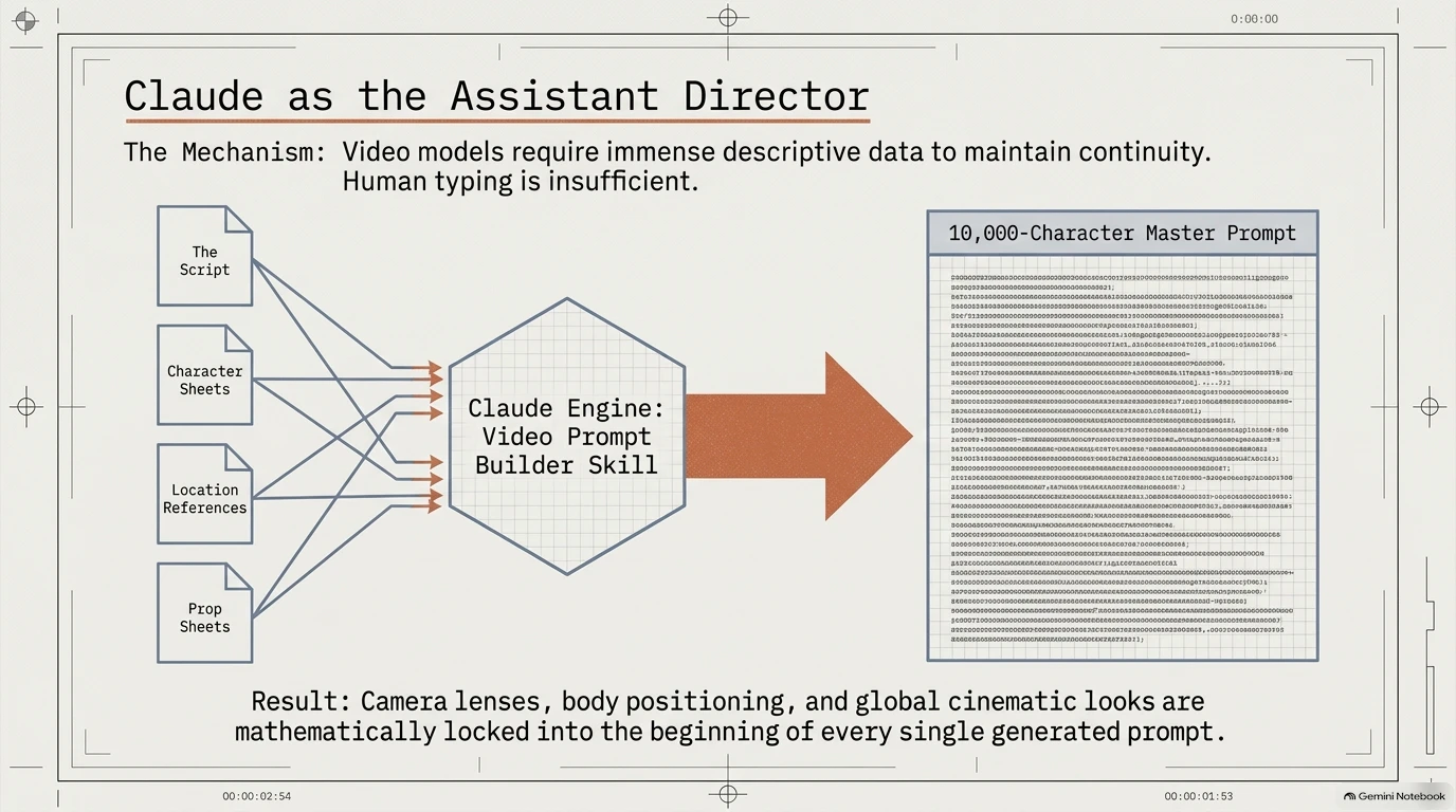 Diagram illustrating how Claude acts as an assistant director to combine scripts, sheets, and references into master prompts.