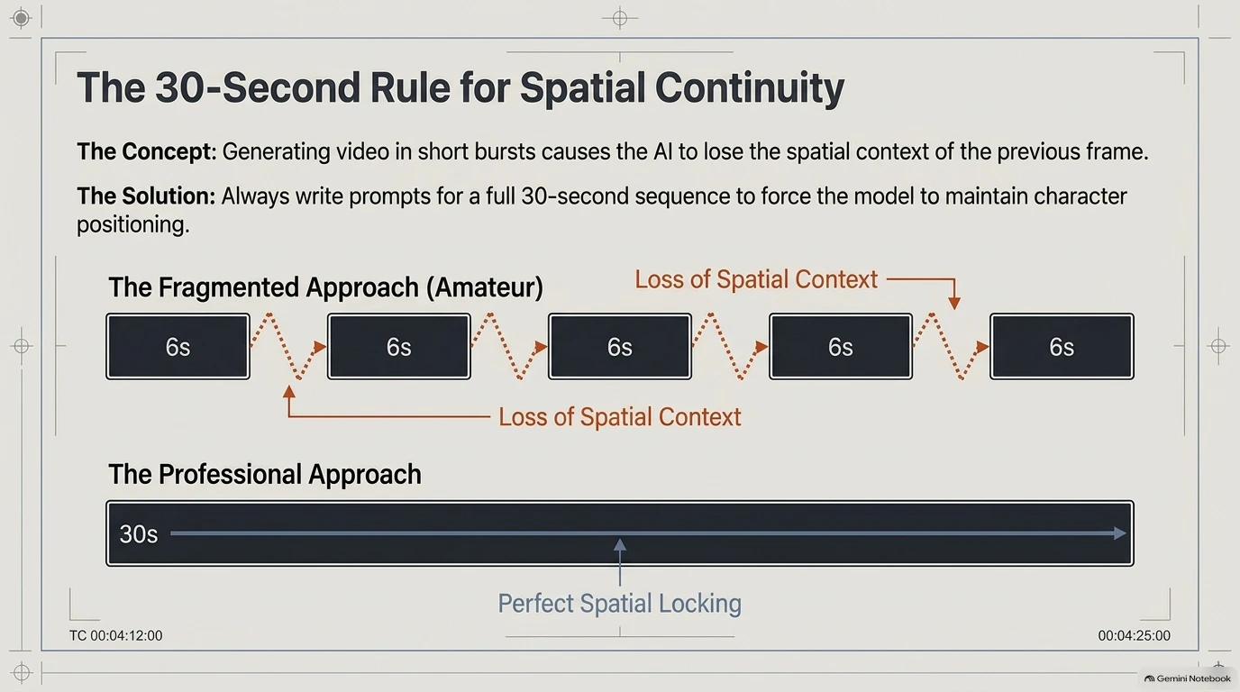 Comparison showing why 30-second continuous prompts provide better spatial continuity than fragmented 6-second bursts.