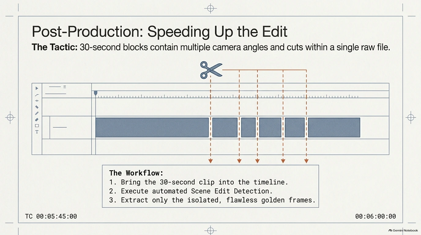 Editing timeline illustration demonstrating how automated scene edit detection slices 30-second video blocks into golden frames.
