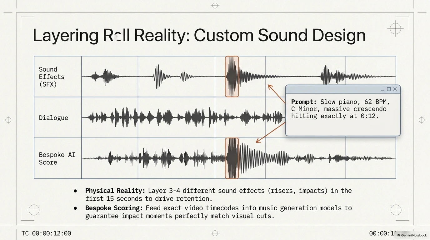 Sound design layering diagram showing dialogue, SFX, and bespoke AI score waveforms aligned to exact video timecodes.