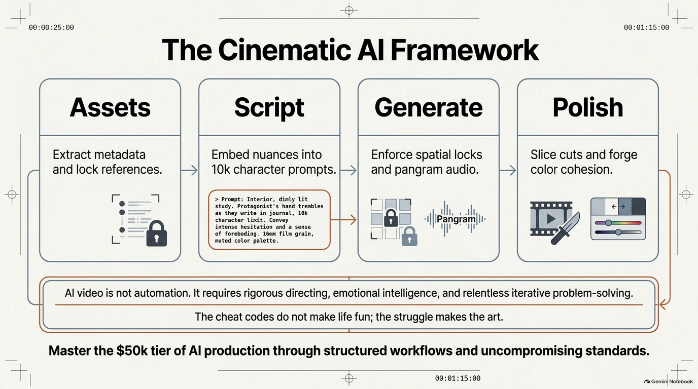 Summary framework of the four-phase cinematic AI pipeline highlighting assets, script, generation, and polish.