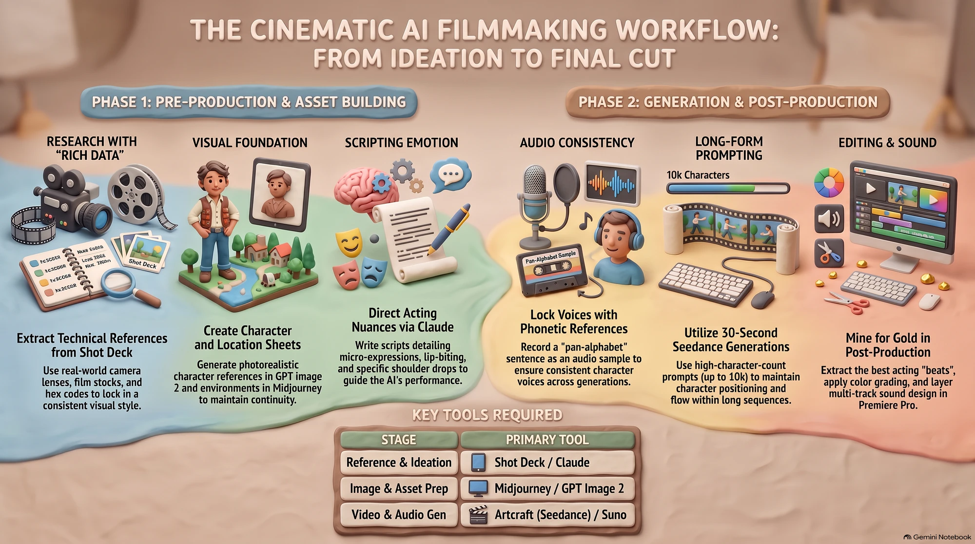 Infographic illustrating a two-phase AI filmmaking process from pre-production to post-production and editing.