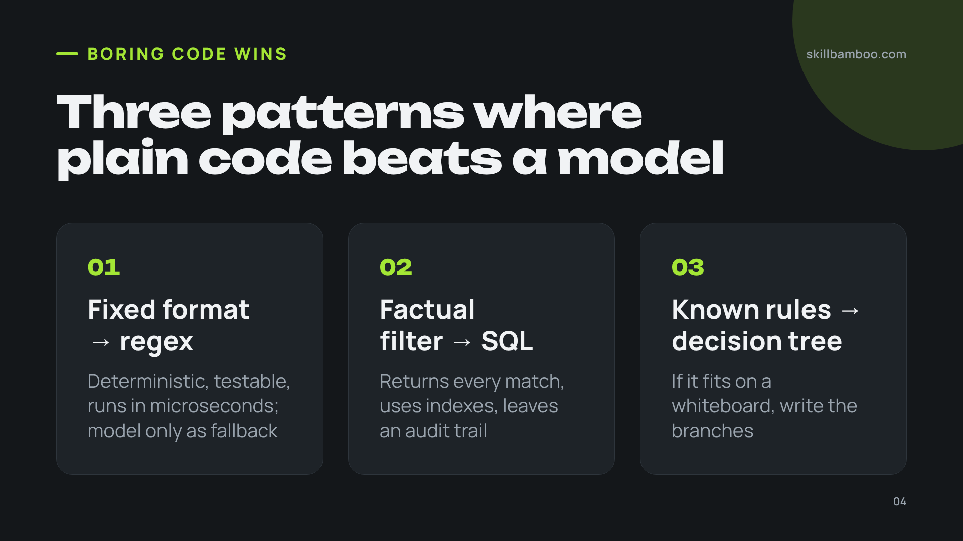 Regex, SQL and decision trees cover jobs teams often hand to agents.