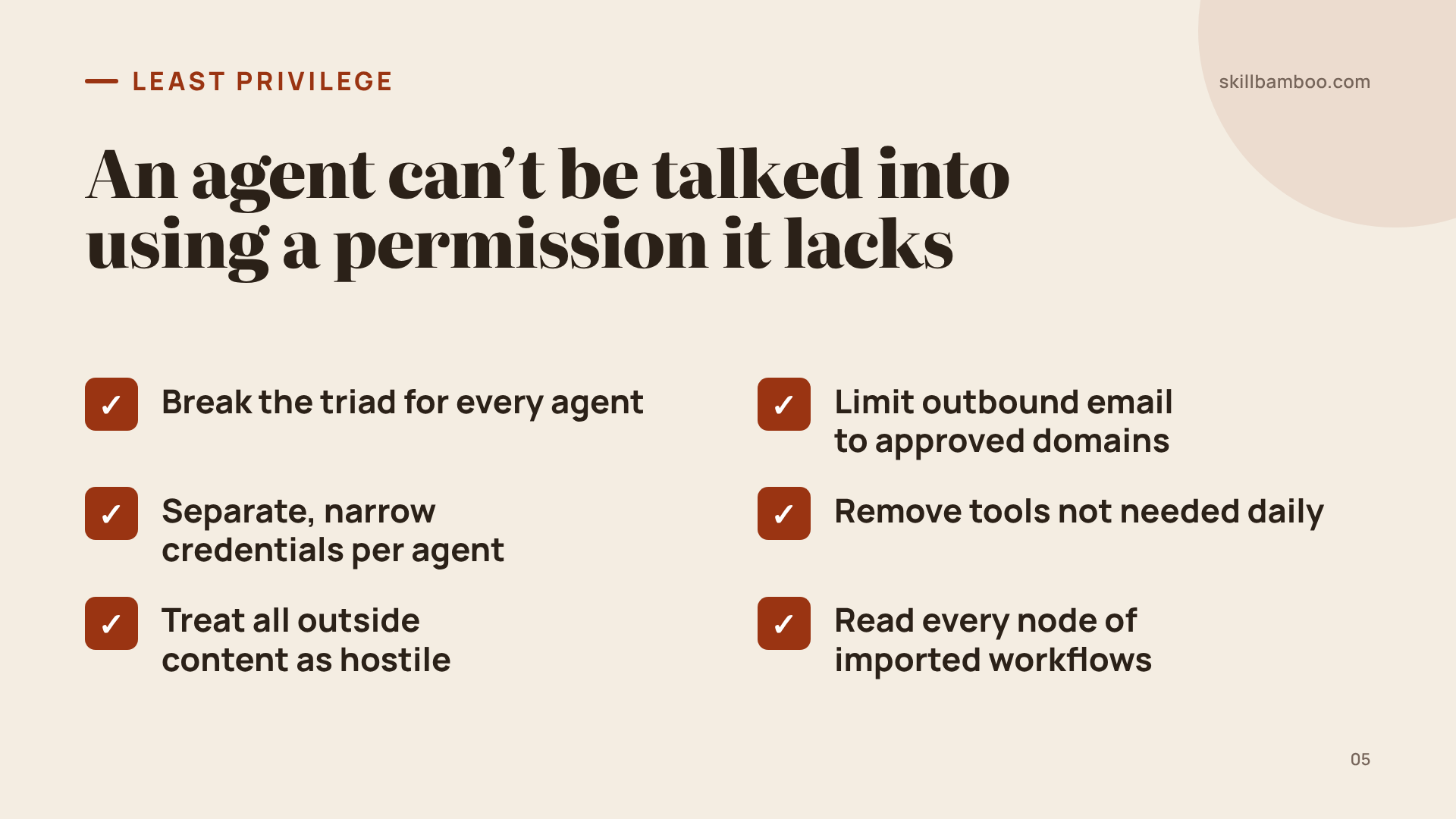 The core least-privilege checklist for agents with email and server access.